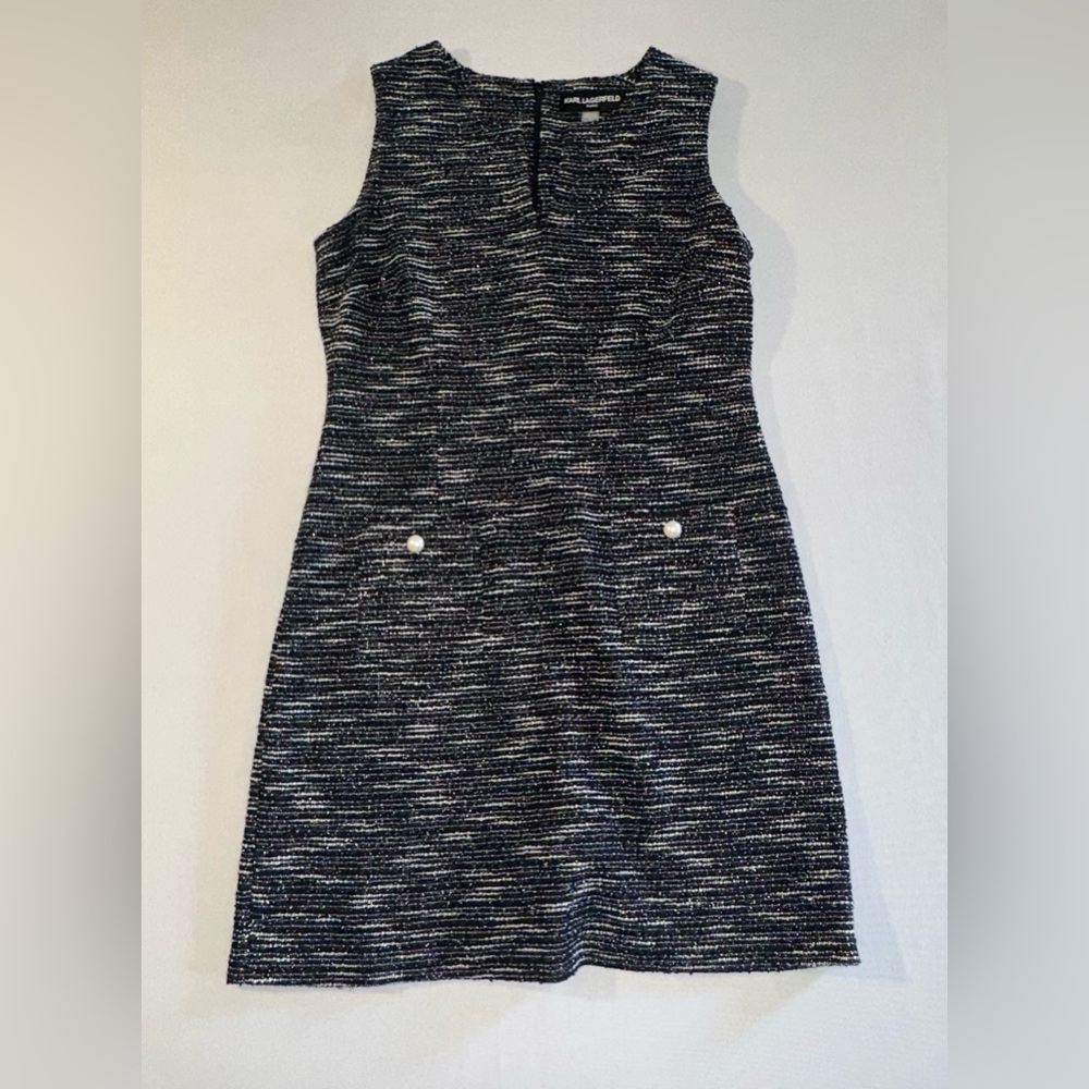 Karl Lagerfeld • Tweed Shift Dress Womens 12 Black White White Pearl Buttons - Picture 7 of 16